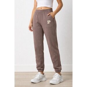 PINK Victorias Secret Tan Fleece Jogger Sweatpants Tapered Leg Pocket Logo XS